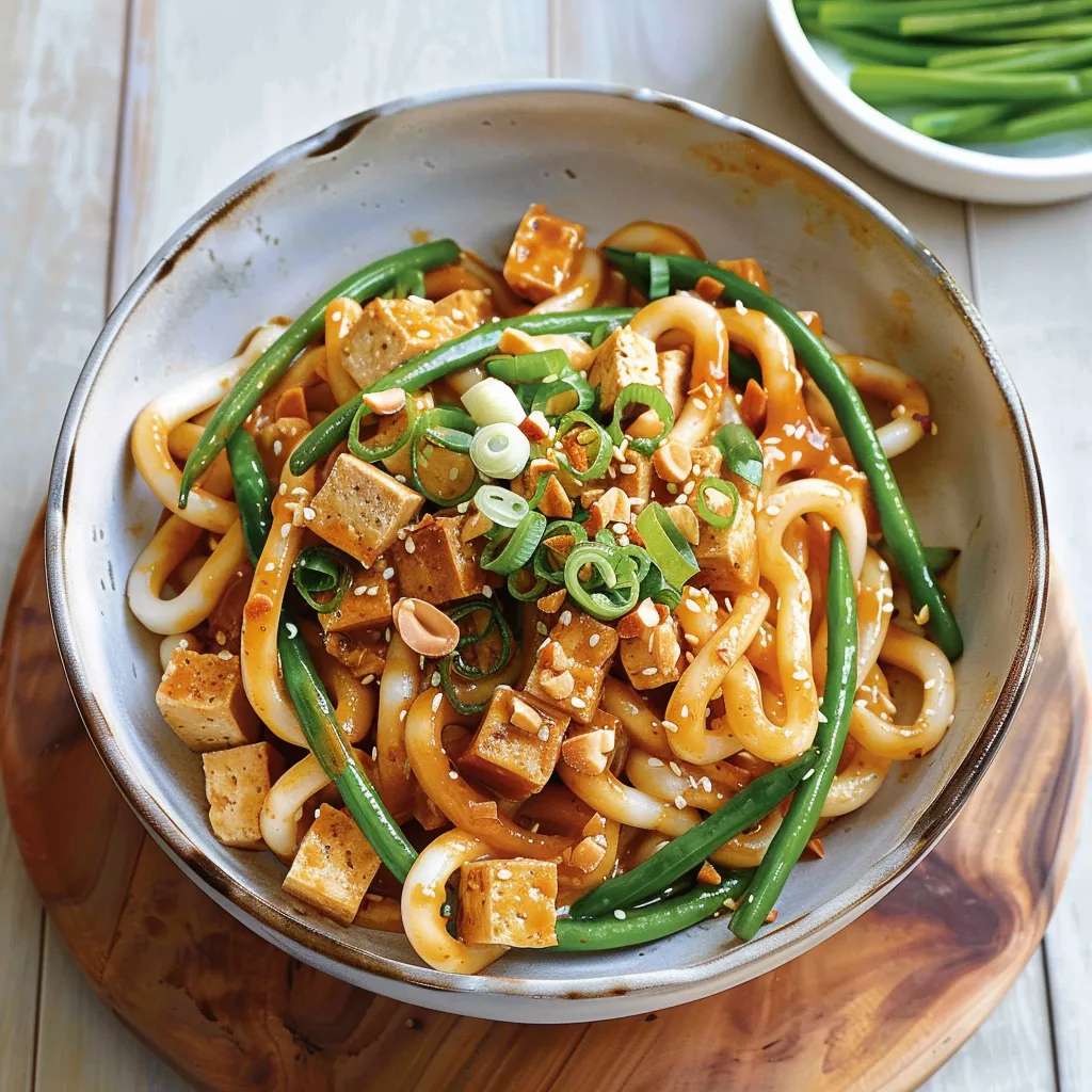 Nouilles udon crémeuses au tofu et haricots verts