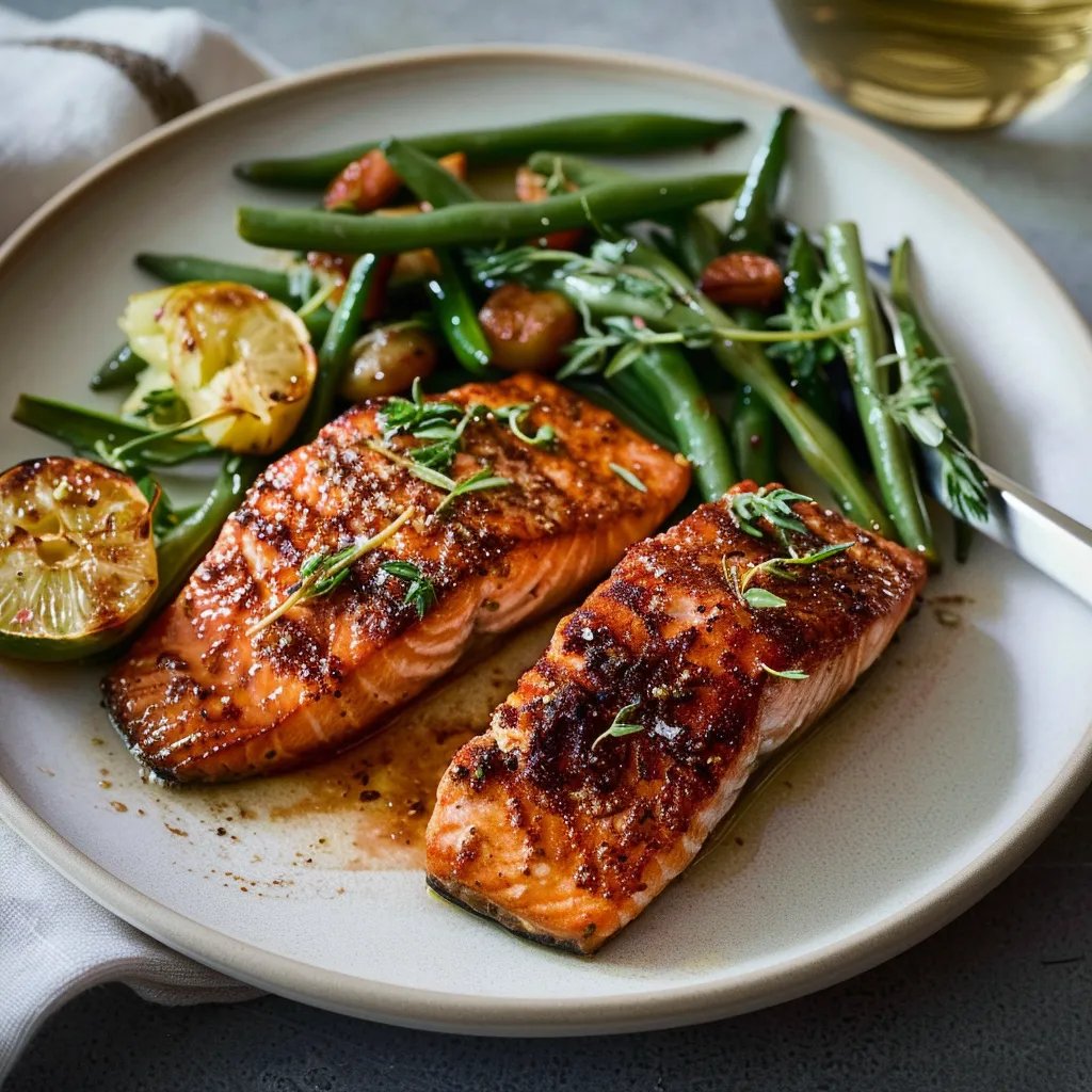 Pavés de saumon et salade tiède de haricots verts à la friteuse à air chaud