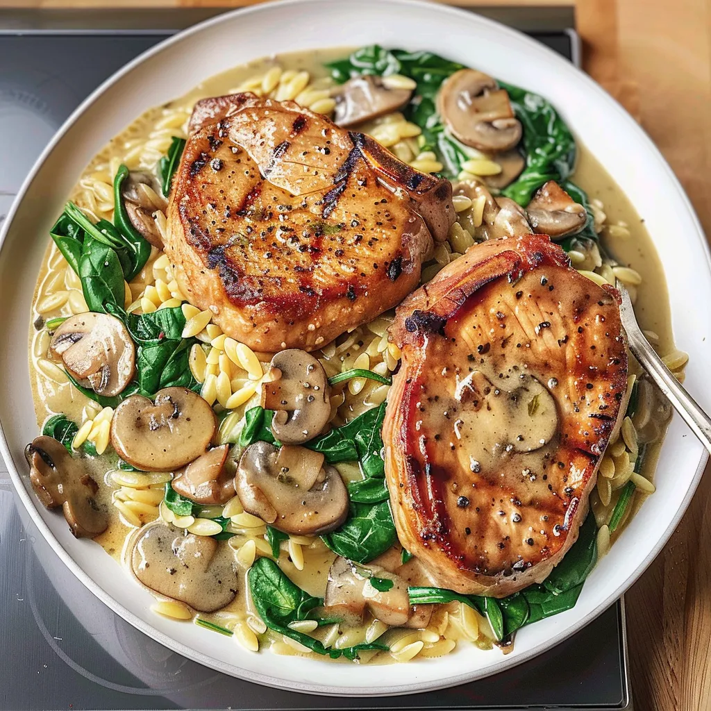 Porc crémeux orzo champignons