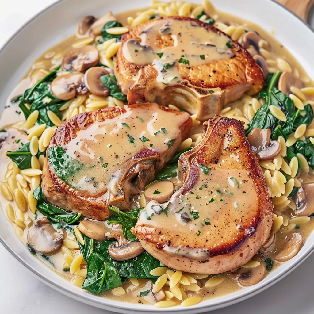 Côtes de porc avec orzo crémeux et champignons