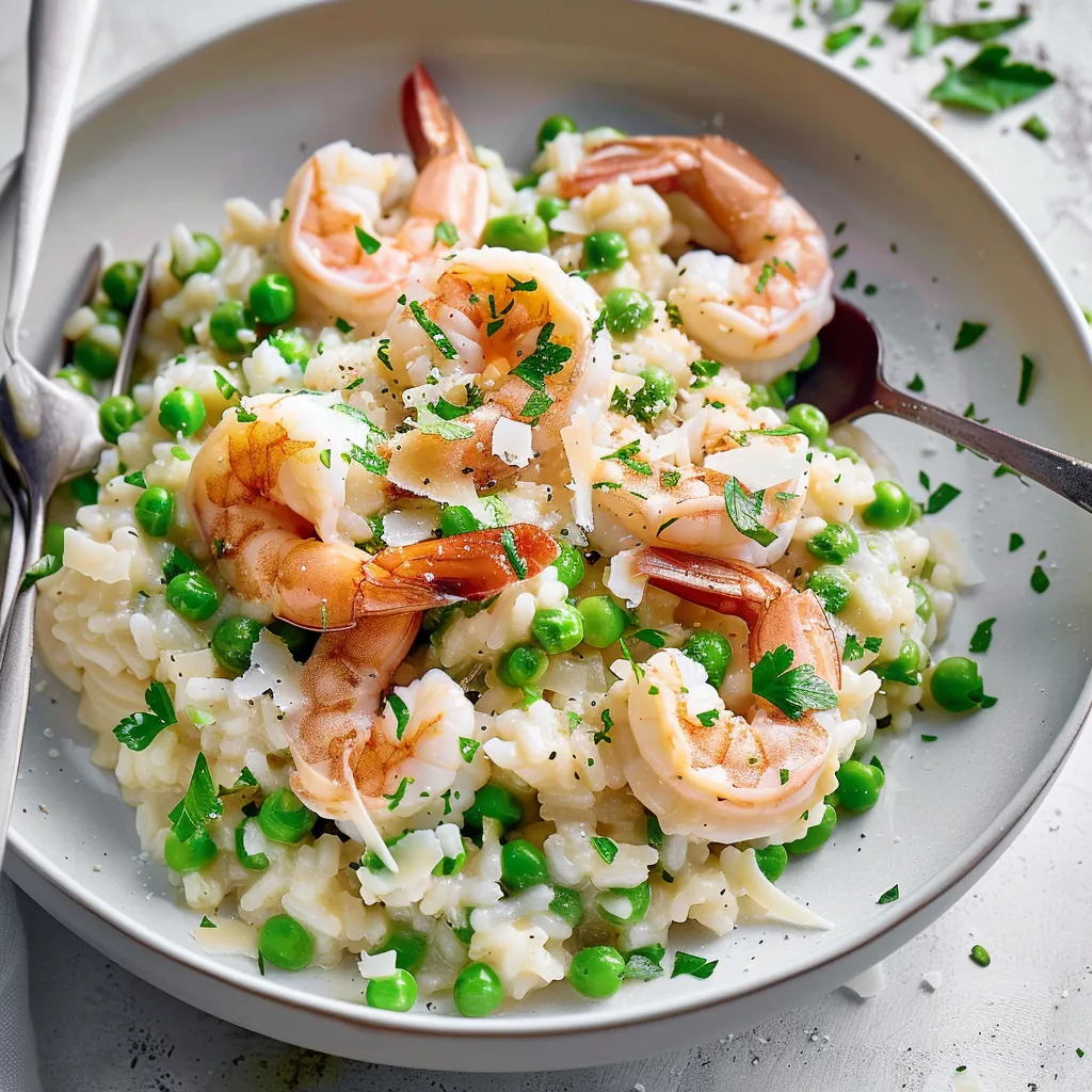 Risotto crémeux aux crevettes roses et petits pois