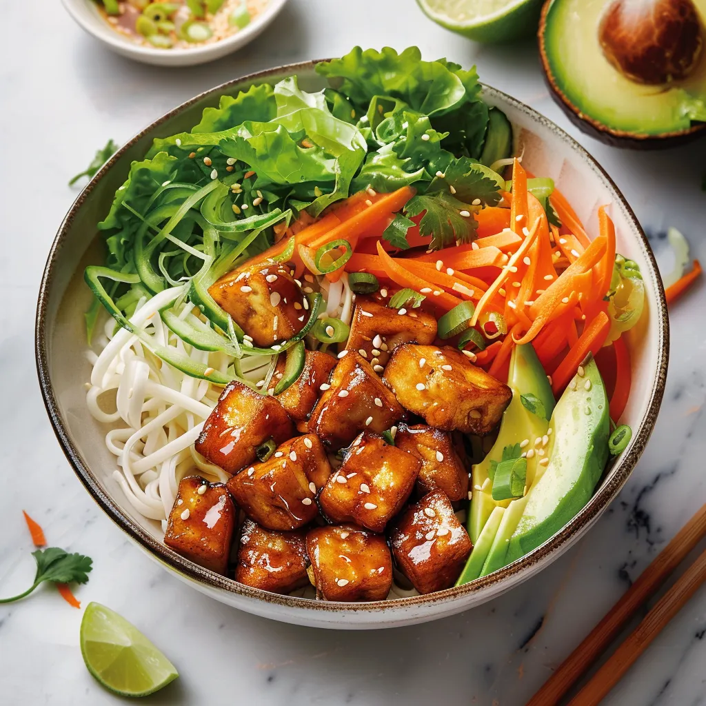 Bols gourmands de tofu laqué avec légumes croquants