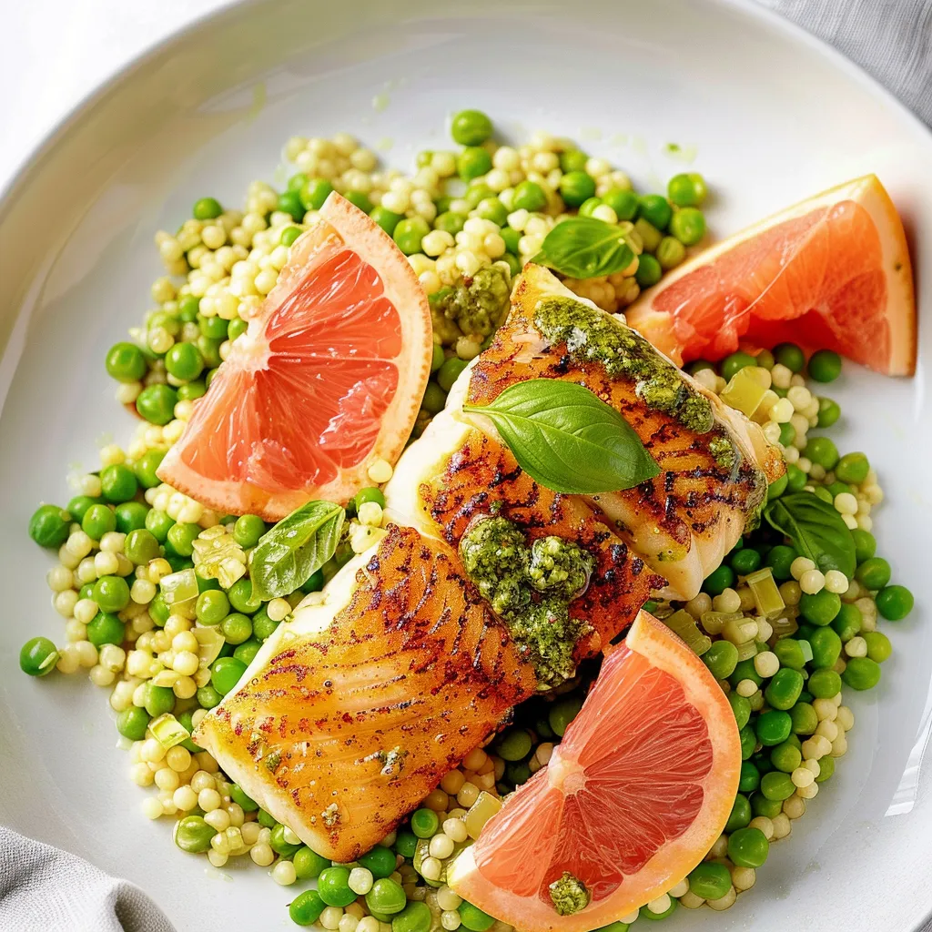 Morue dorée, couscous et pesto basilic