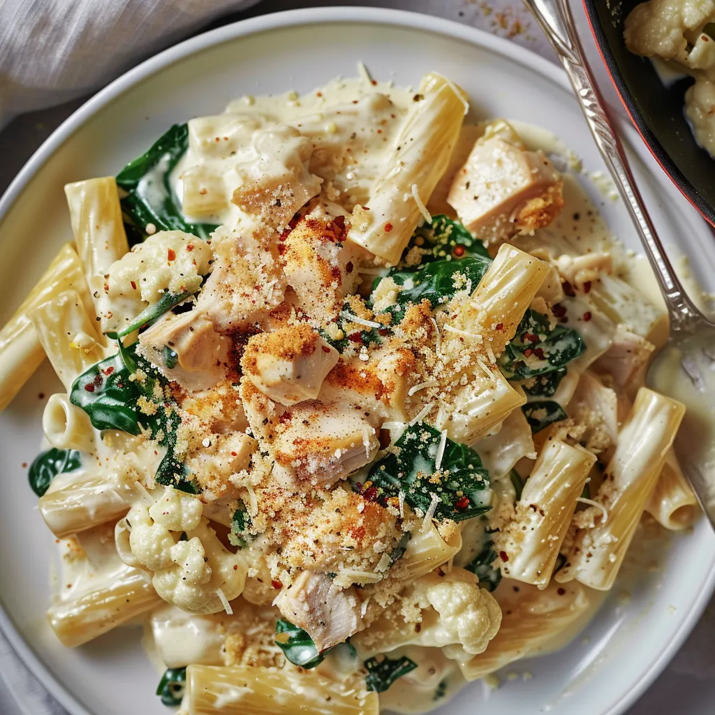 Rigatonis nappés de sauce au chou-fleur et poulet