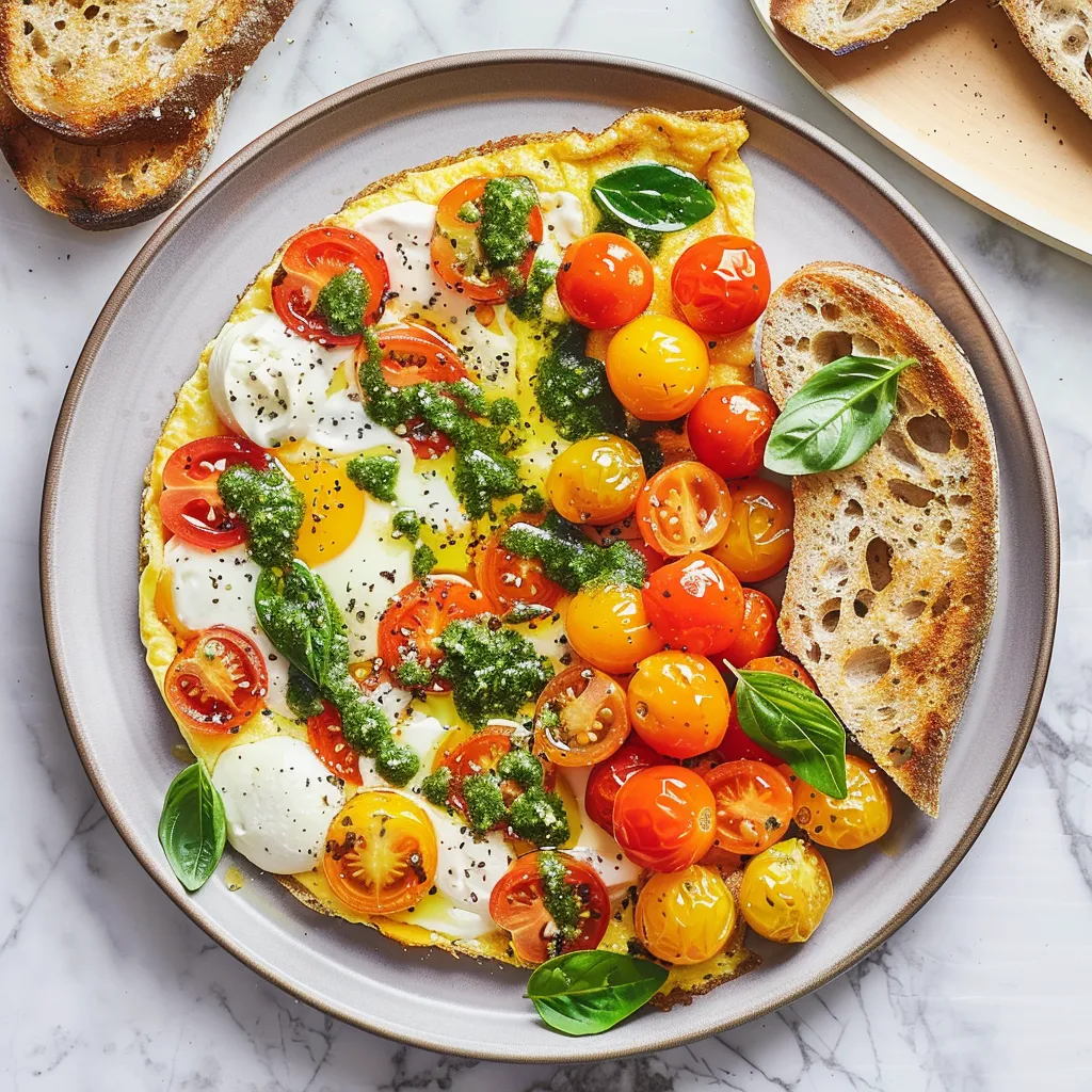 Omelette gourmande avec tomates cerise, mozzarella et pesto frais