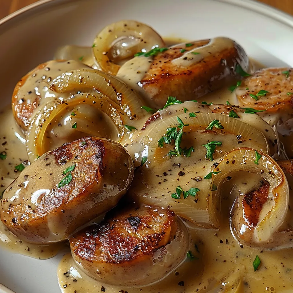 Saucisses tendres à la moutarde et oignons dorés