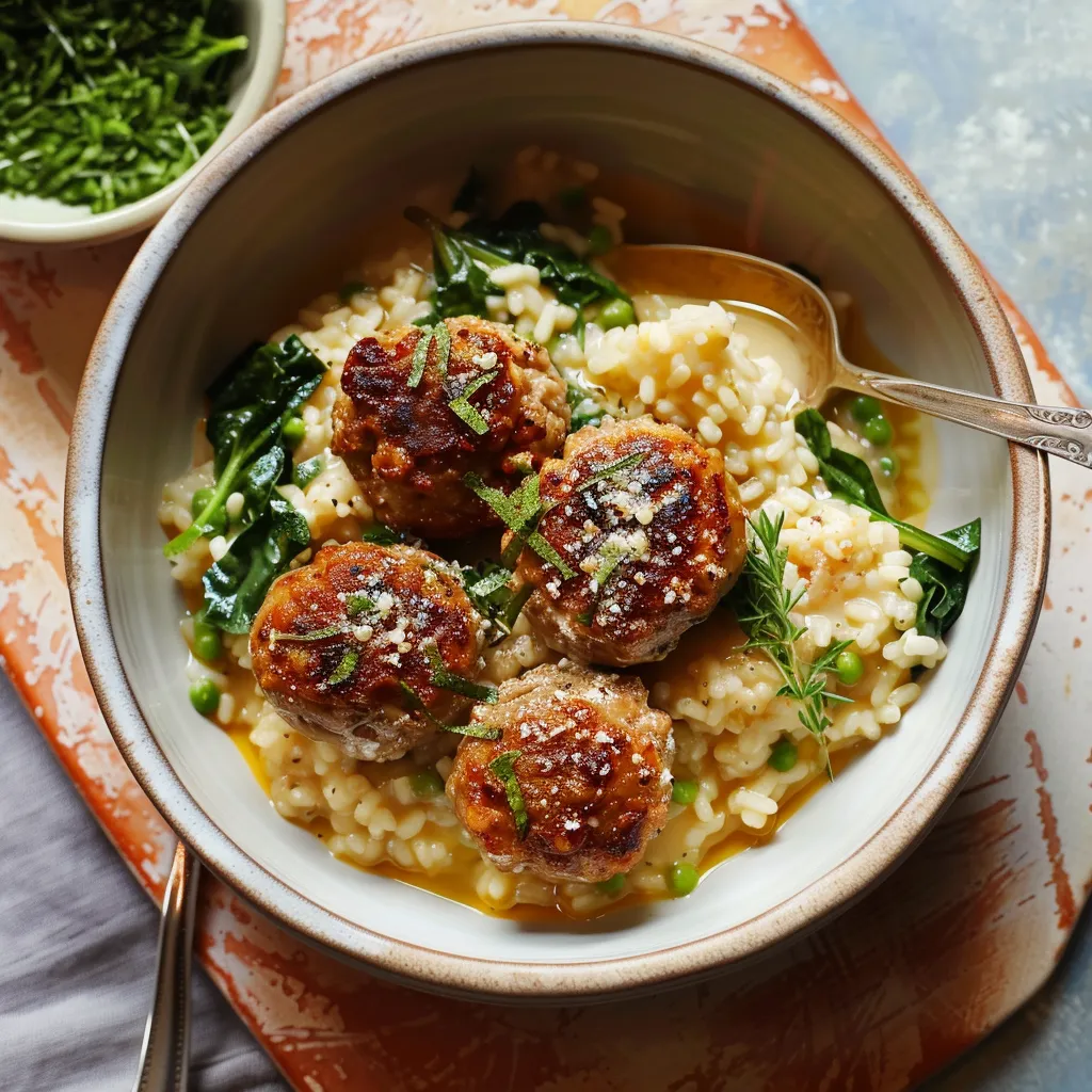 Risotto onctueux, boulettes de porc et pois tout croquants