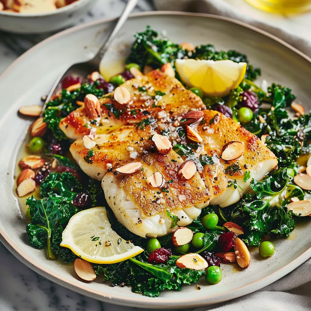 Cabillaud poêlé tendre avec kale et amandes