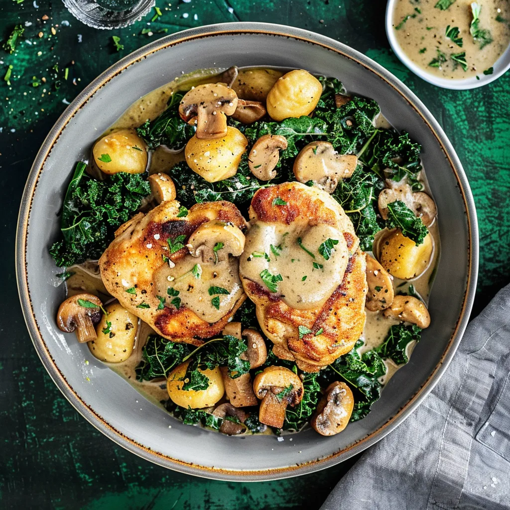 Escalopes de poulet, gnocchis et kale avec champignons
