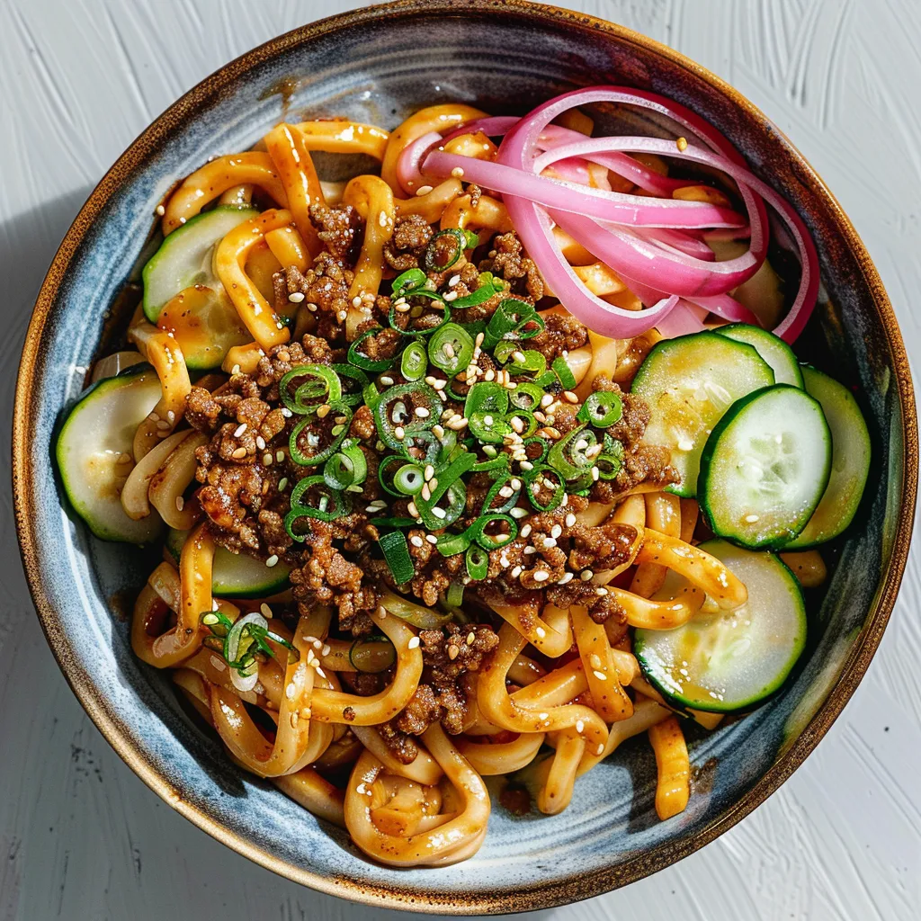 Nouilles udon au bœuf avec tamari et légumes croquants