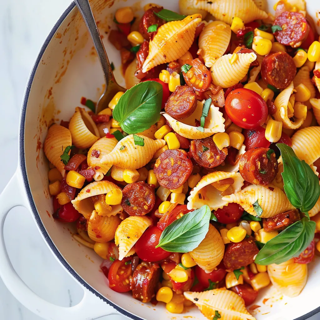 Coquillettes chorizo tomate maïs