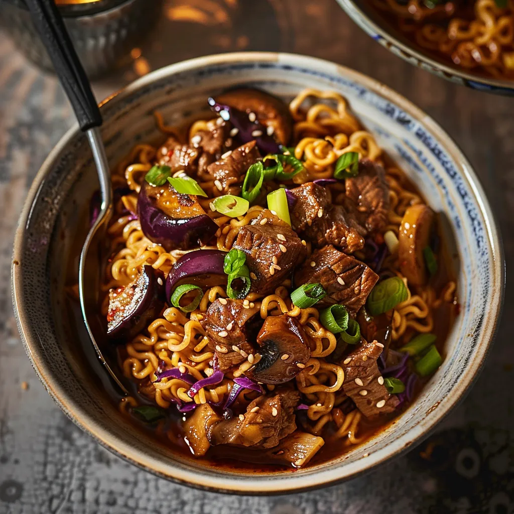 Bols bien garnis avec bœuf, aubergines et pleurotes croustillants