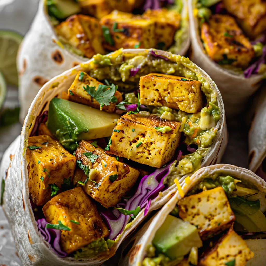 Délicieux wraps au tofu curry, avocat et salade croquante