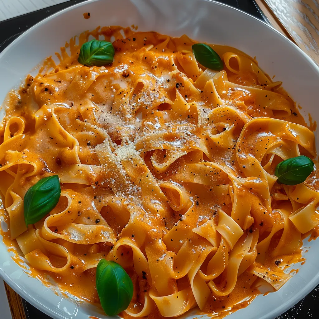 Tagliatelles enrobées de sauce tomate crémeuse