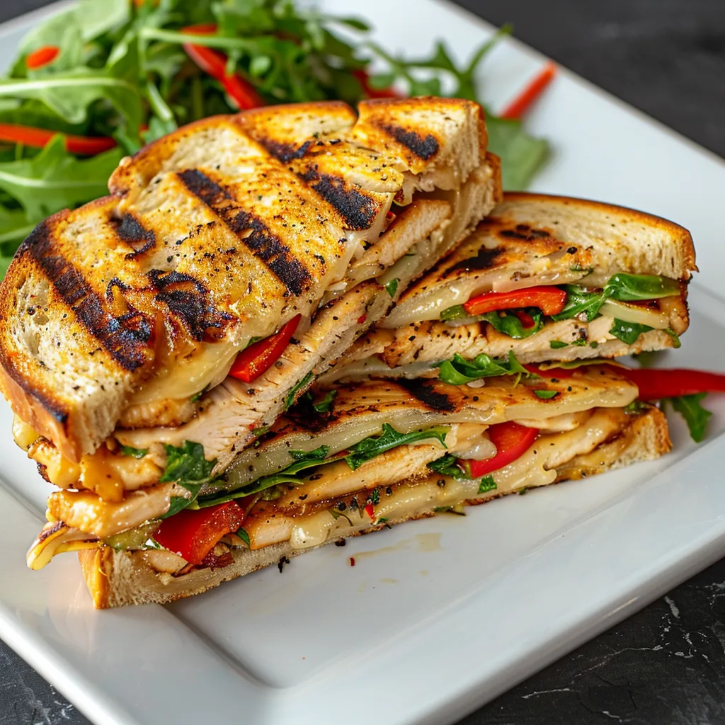 Un panini au poulet avec poivron et gouda fumé bien fondant dans l’assiette