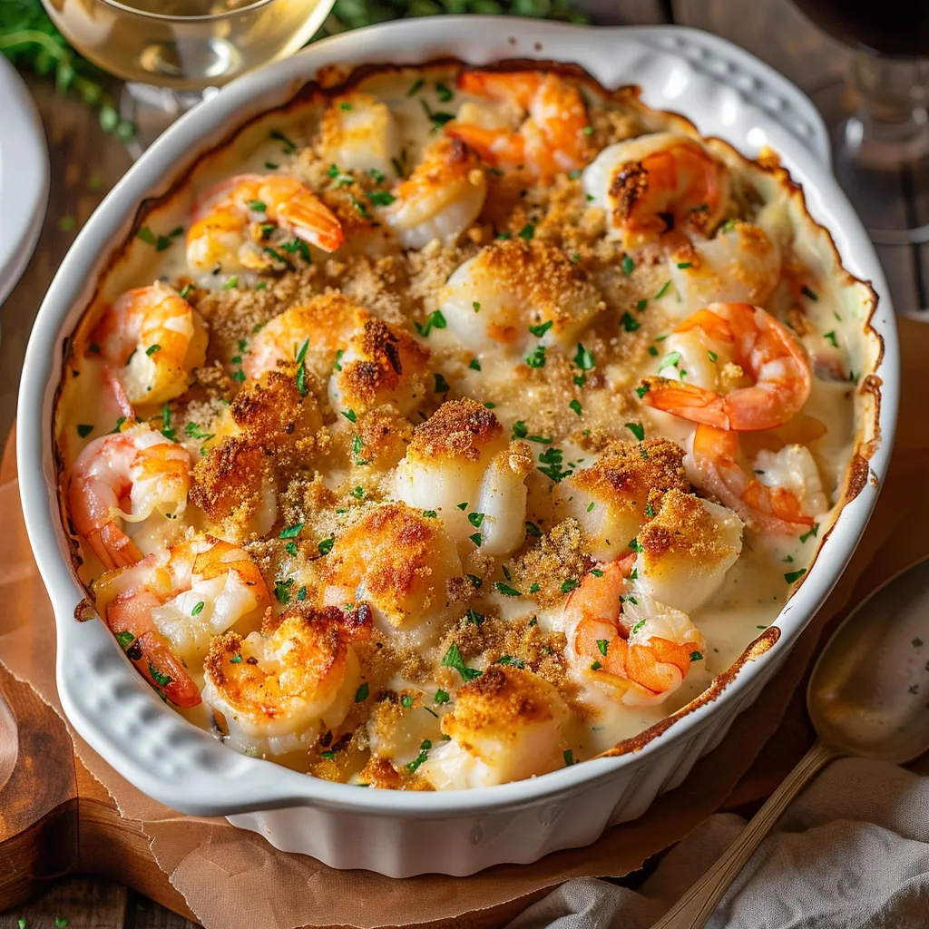 Plat gourmand de fruits de mer gratiné avec crevettes et saumon