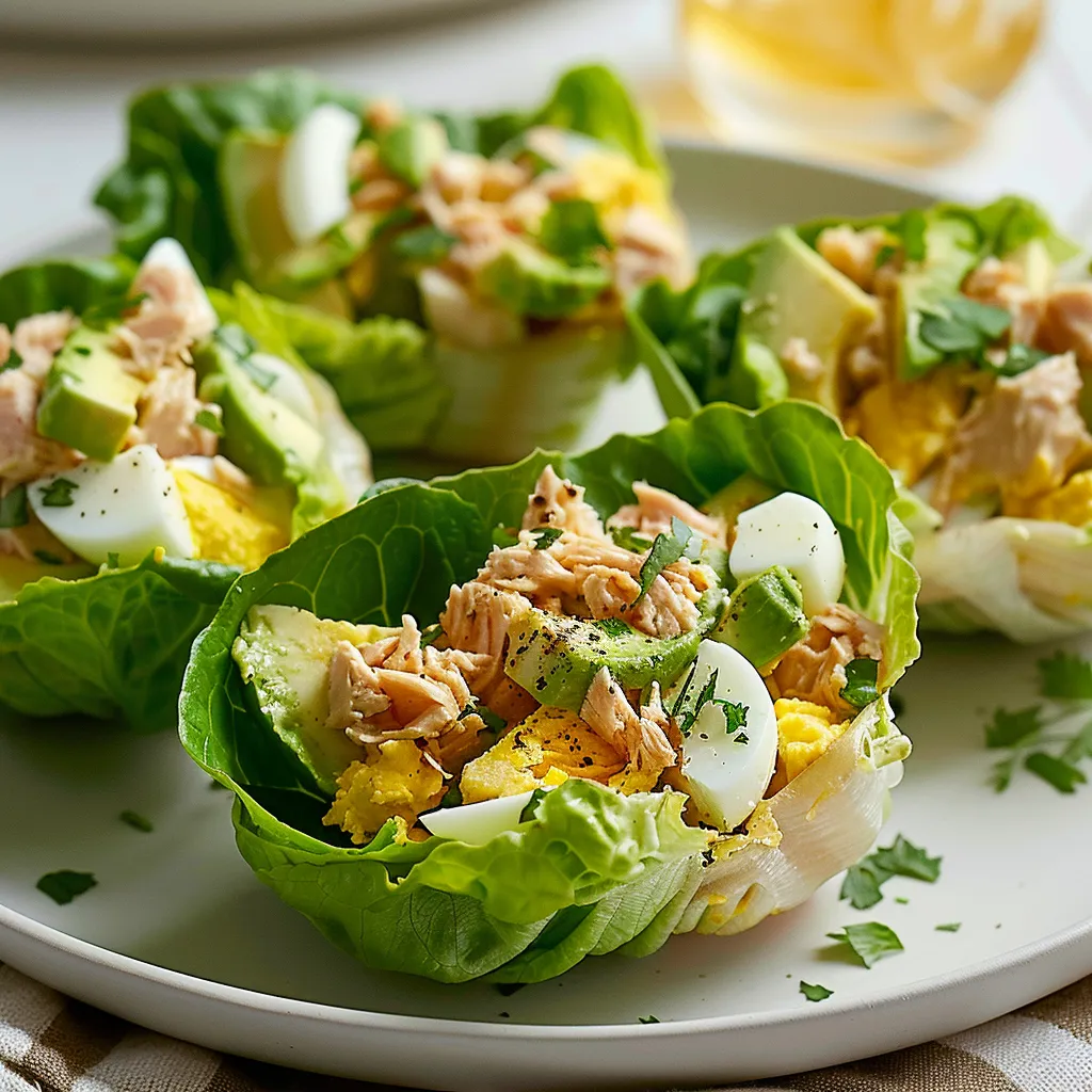 Bols de laitue garnis à l’avocat, œuf et thon émietté