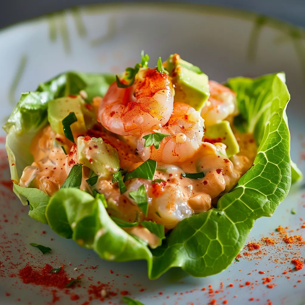 Feuilles fraîches garnies avocat crevettes sauce cocktail maison