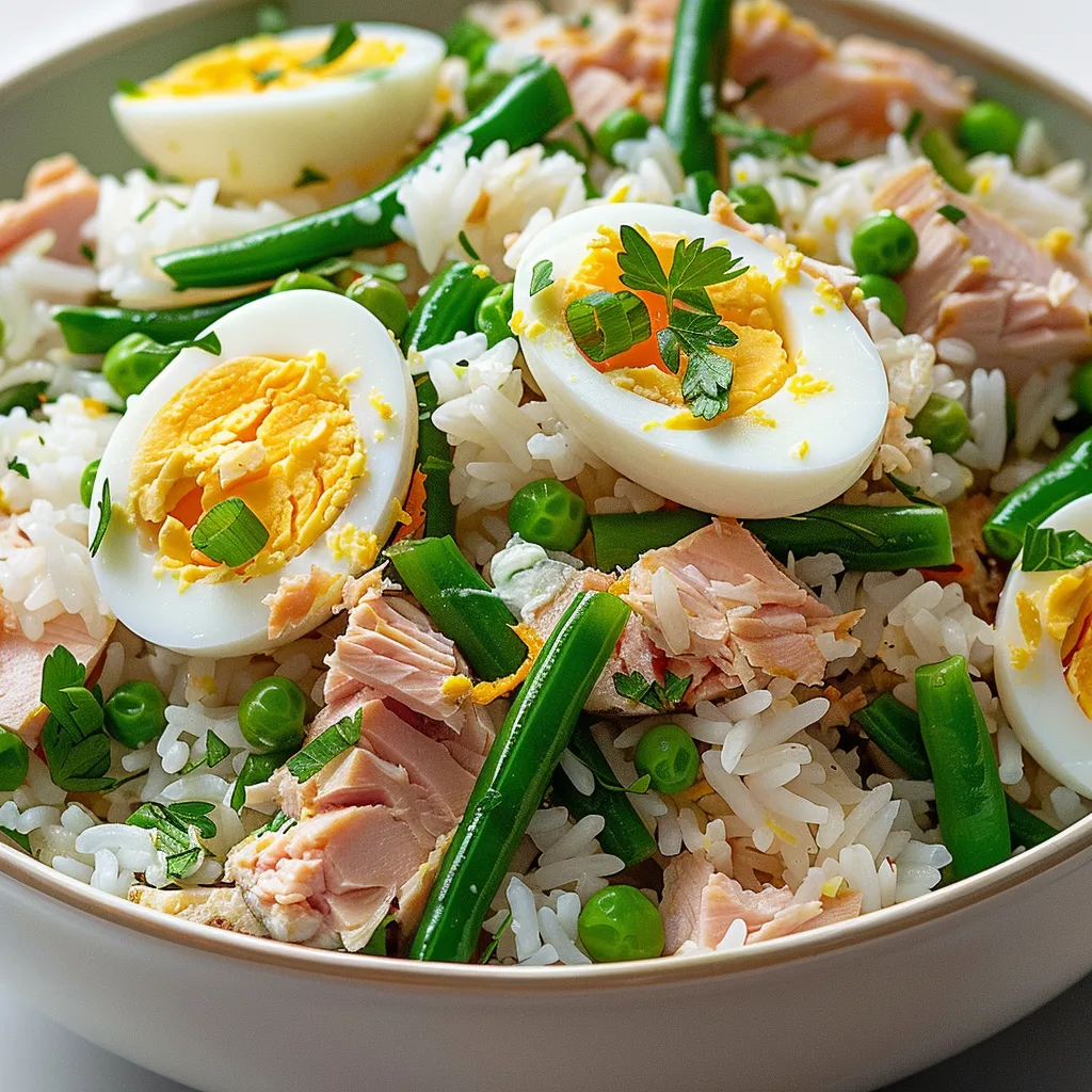 Riz, thon et œufs frais