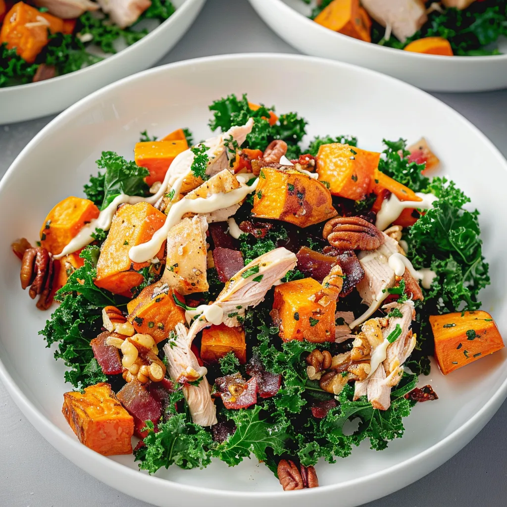 Super plat chaud de patate douce, kale et poulet