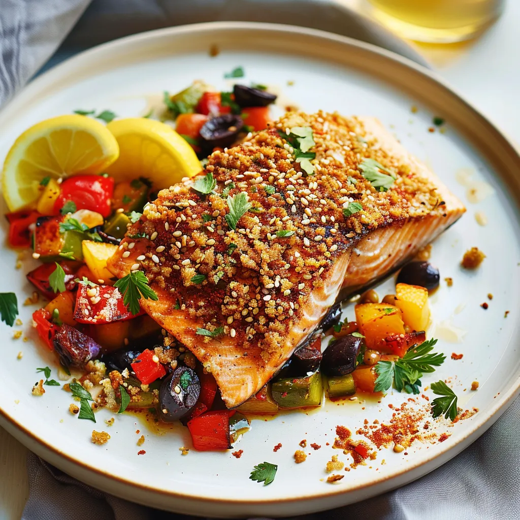 Saumon doré en croûte épicée et salsa de légumes