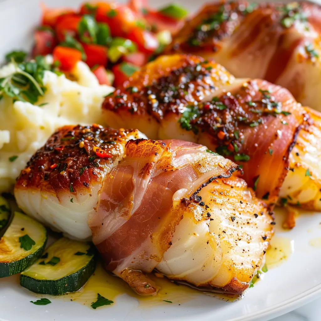 Morue dorée au paprika fumé entourée de jambon de Parme