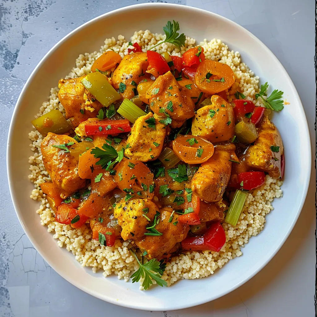 Le plat de poulet épicé curcuma et gingembre prêt à servir sur table