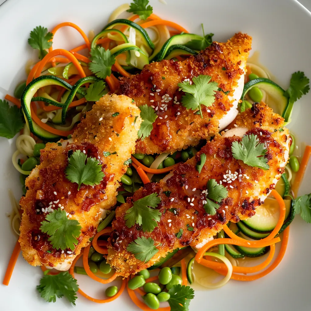 Poulet doré et nouilles saveur asiatique