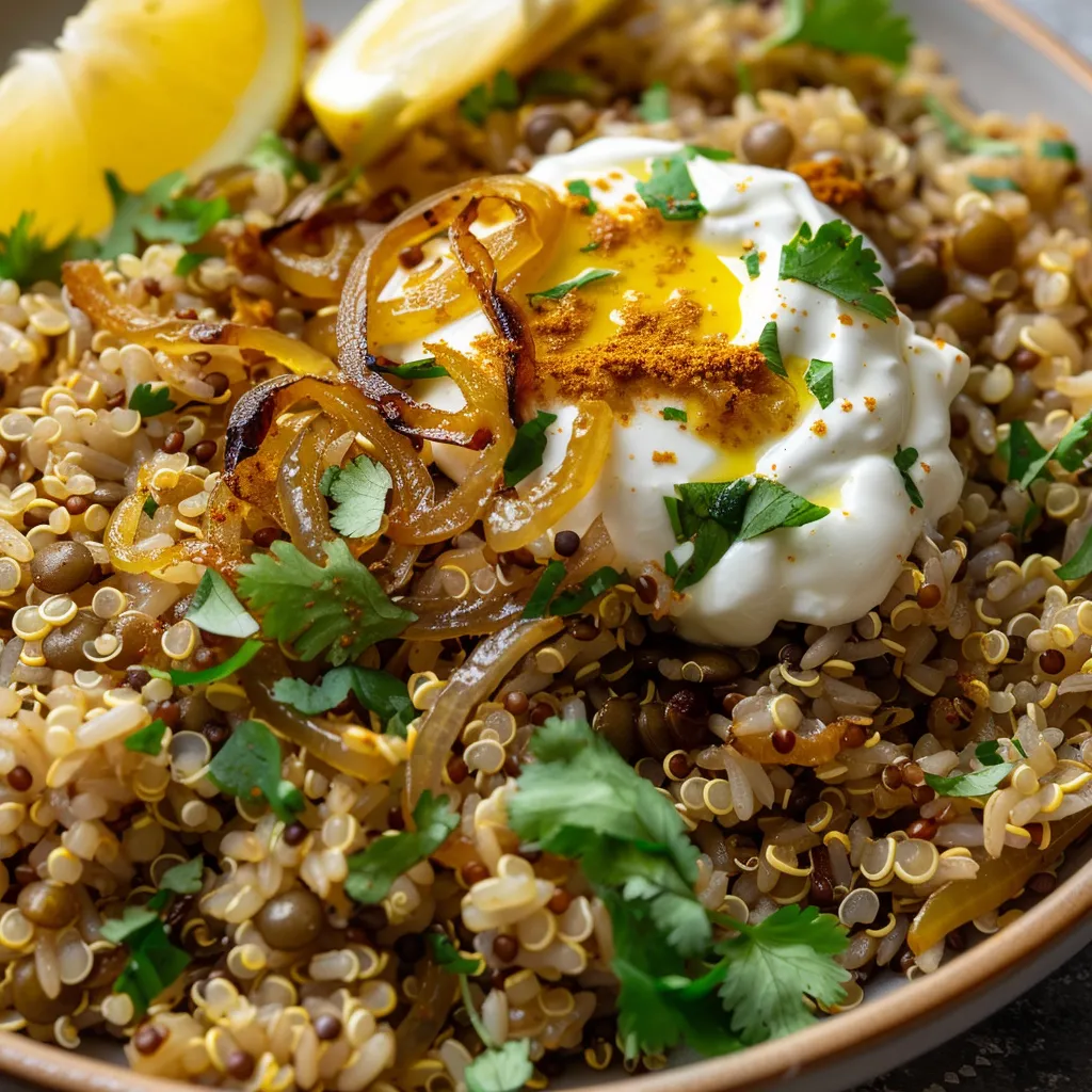 Riz complet aux lentilles et oignons dorés à tomber