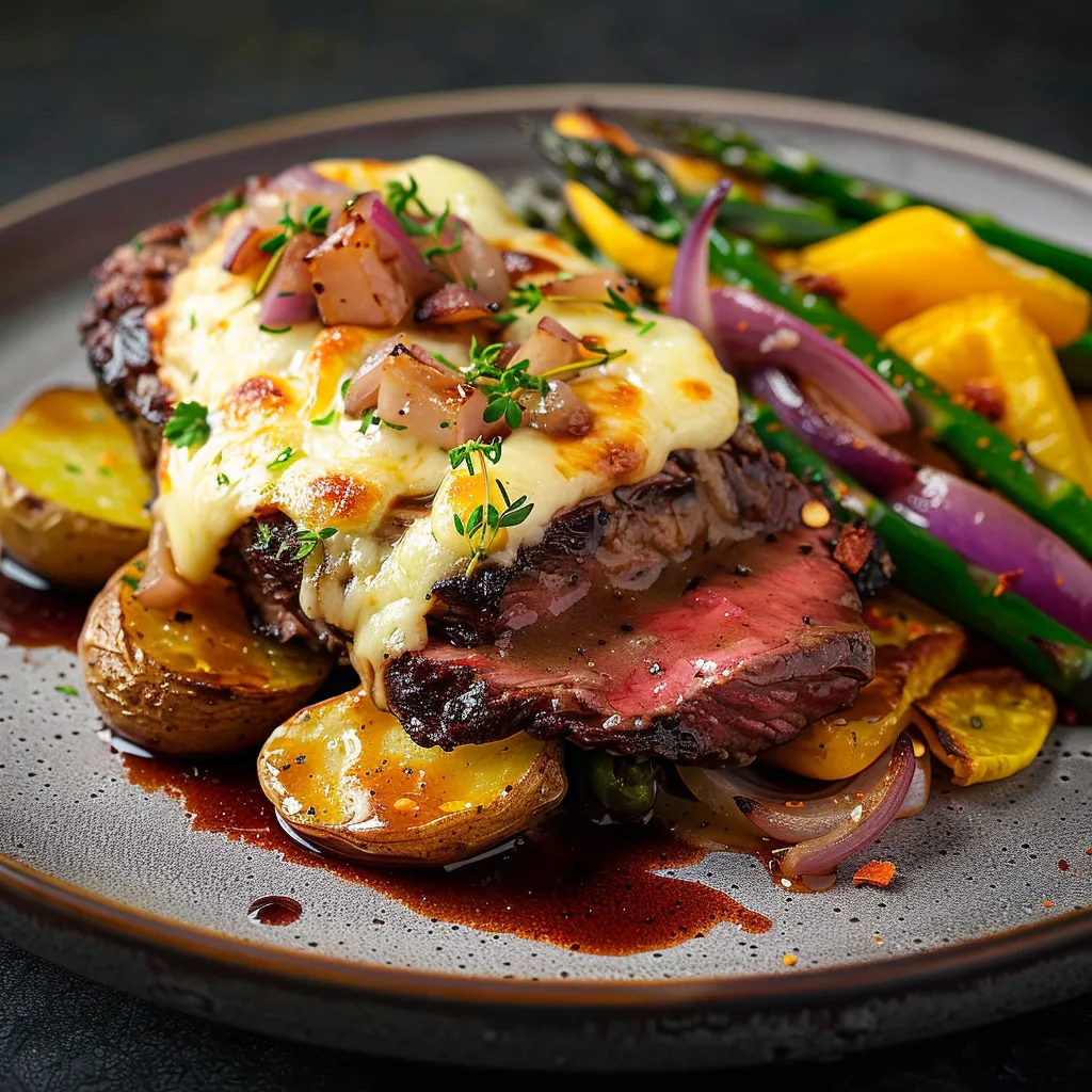 Bavette de bœuf gratinée et légumes rôtis
