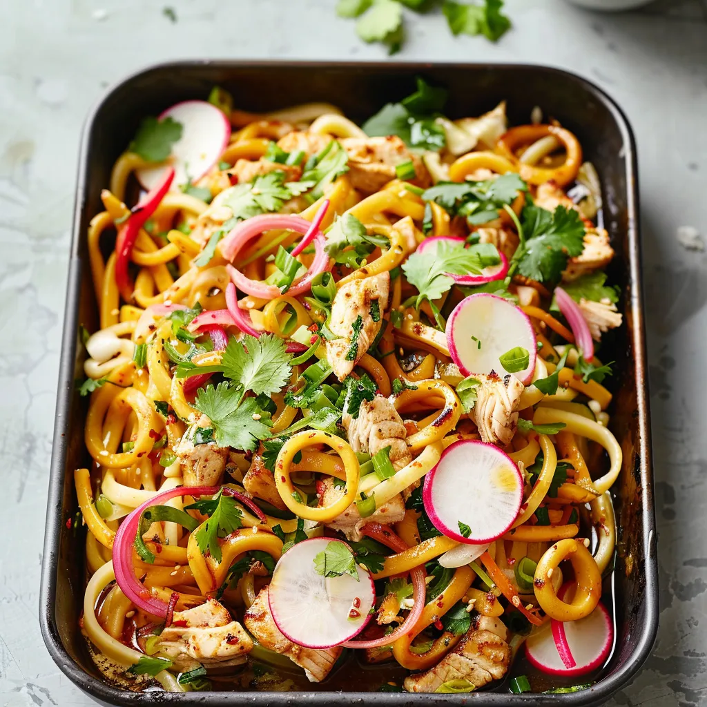 Nouilles udon au poulet et oignons au curry