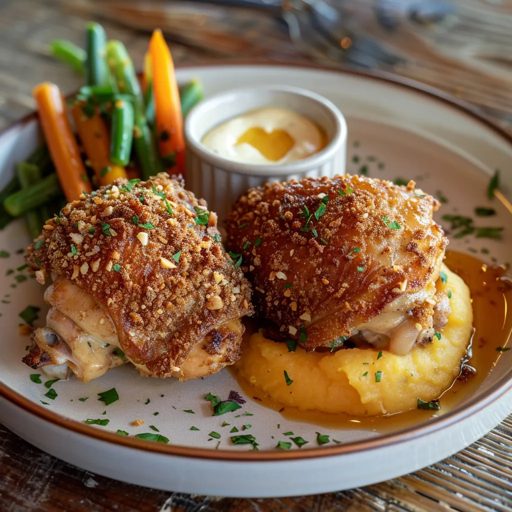Cuisses de poulet bien dorées et purée crémeuse
