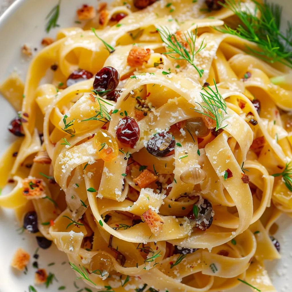 Tagliatelles au fenouil, raisins et croûtons dorés