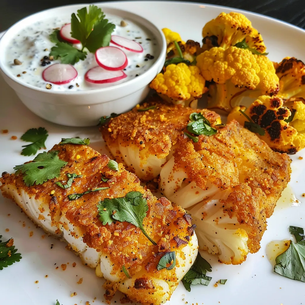 Un plat généreux de poisson et chou-fleur au curry avec raïta de radis