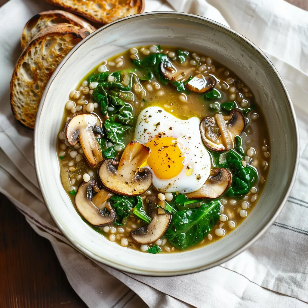 Bol bien garni d'orge et de champignons