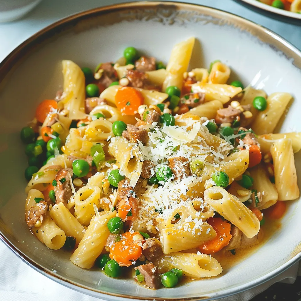 Cavatellis onctueux à la saucisse et aux petits pois français