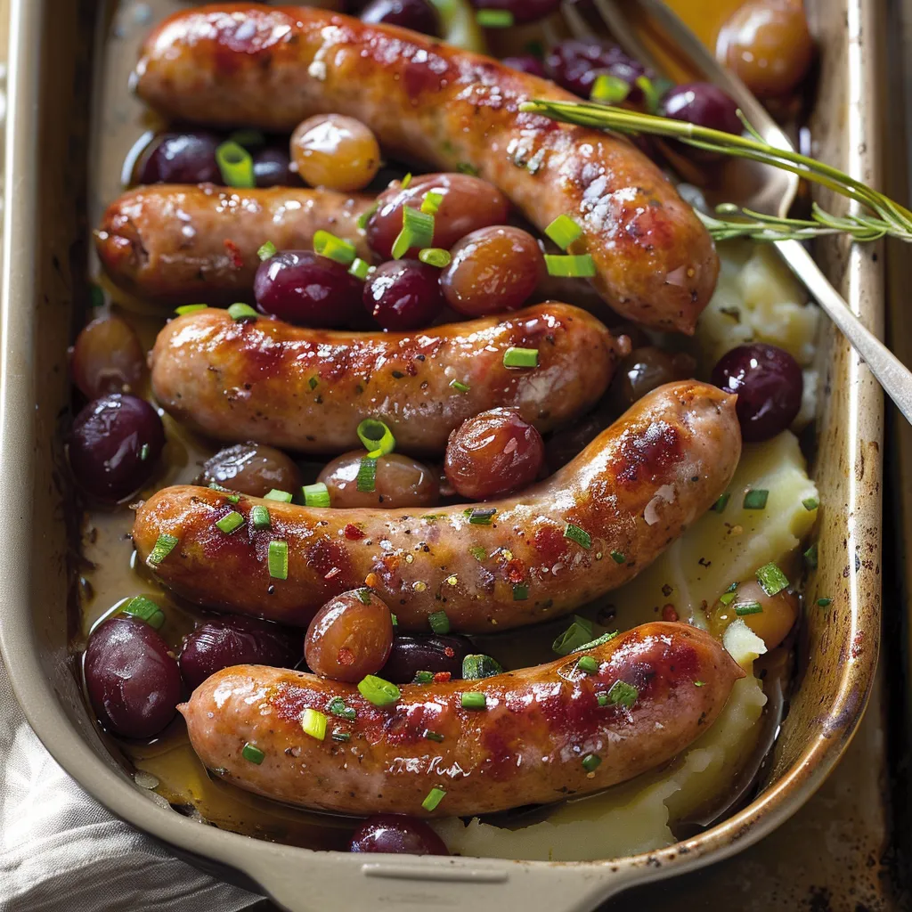 Saucisses de Toulouse et raisins sortis du four
