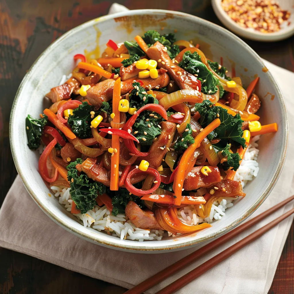 Plat de porc sauté avec kale et maïs, bien équilibré