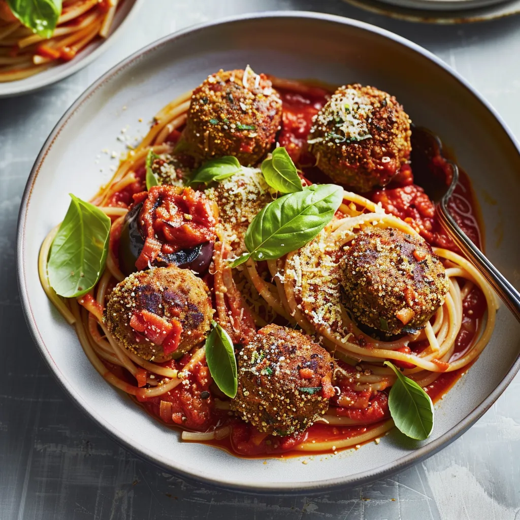 Spaghettis gourmands aux boulettes d’aubergine et sauce tomate
