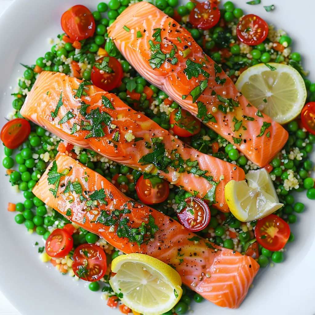 Assiette de saumon froid, taboulé parfumé et petits légumes verts