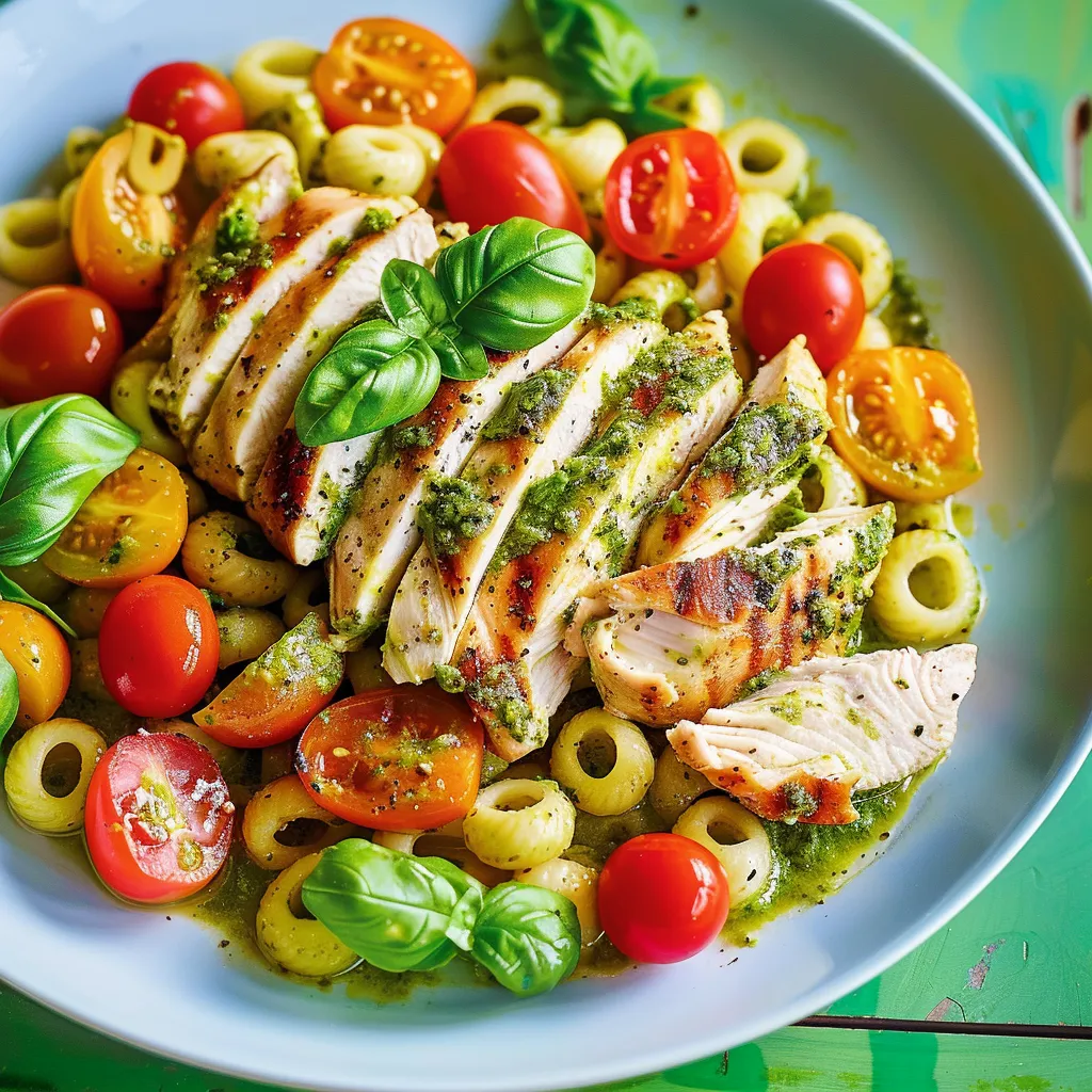 Macaronis savoureux pesto poulet
