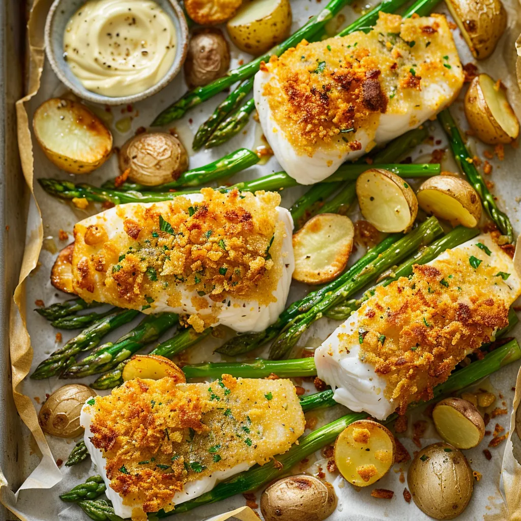 Poisson croustillant et légumes colorés cuits au four