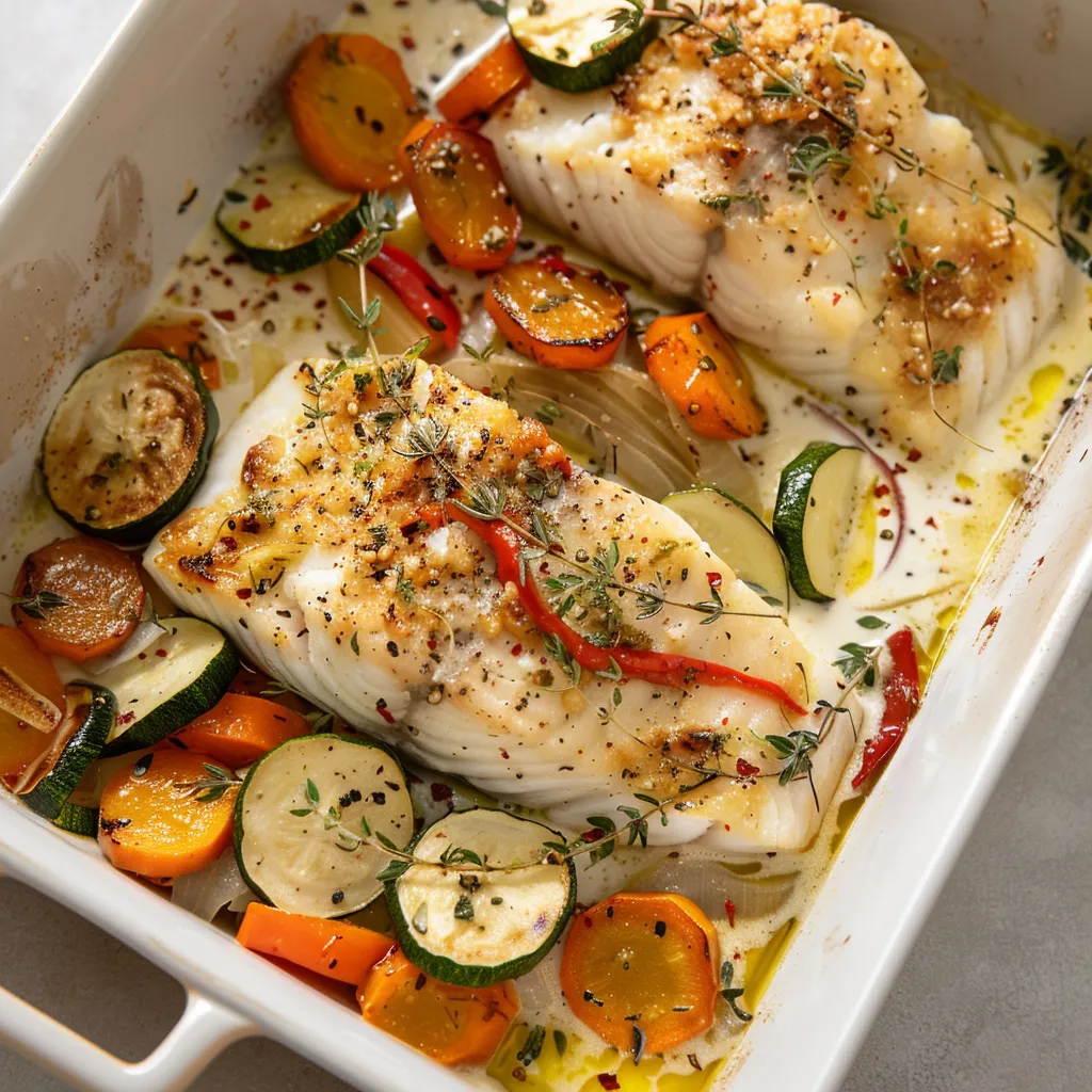 Cabillaud tout tendre aux légumes fondants avec une sauce crémeuse maison