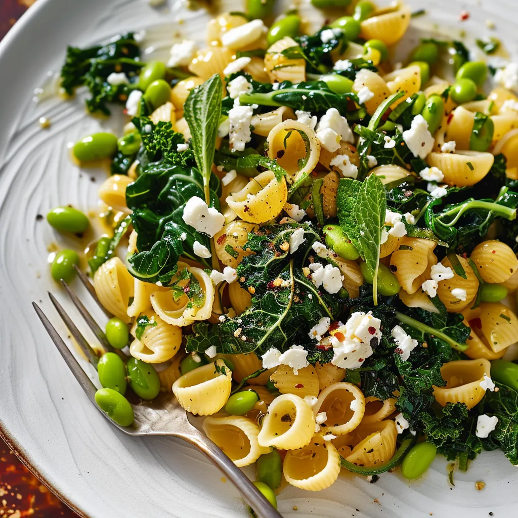 Goutez une salade fraîche de pâtes au citron et chou noir