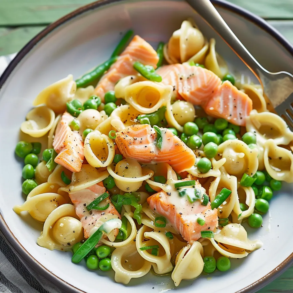 Saumon avec des petits pois et pâtes