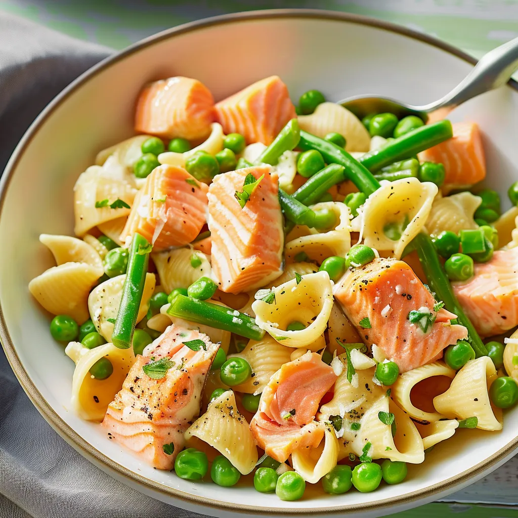 Pâtes petits pois saumon - Délice équilibré facile