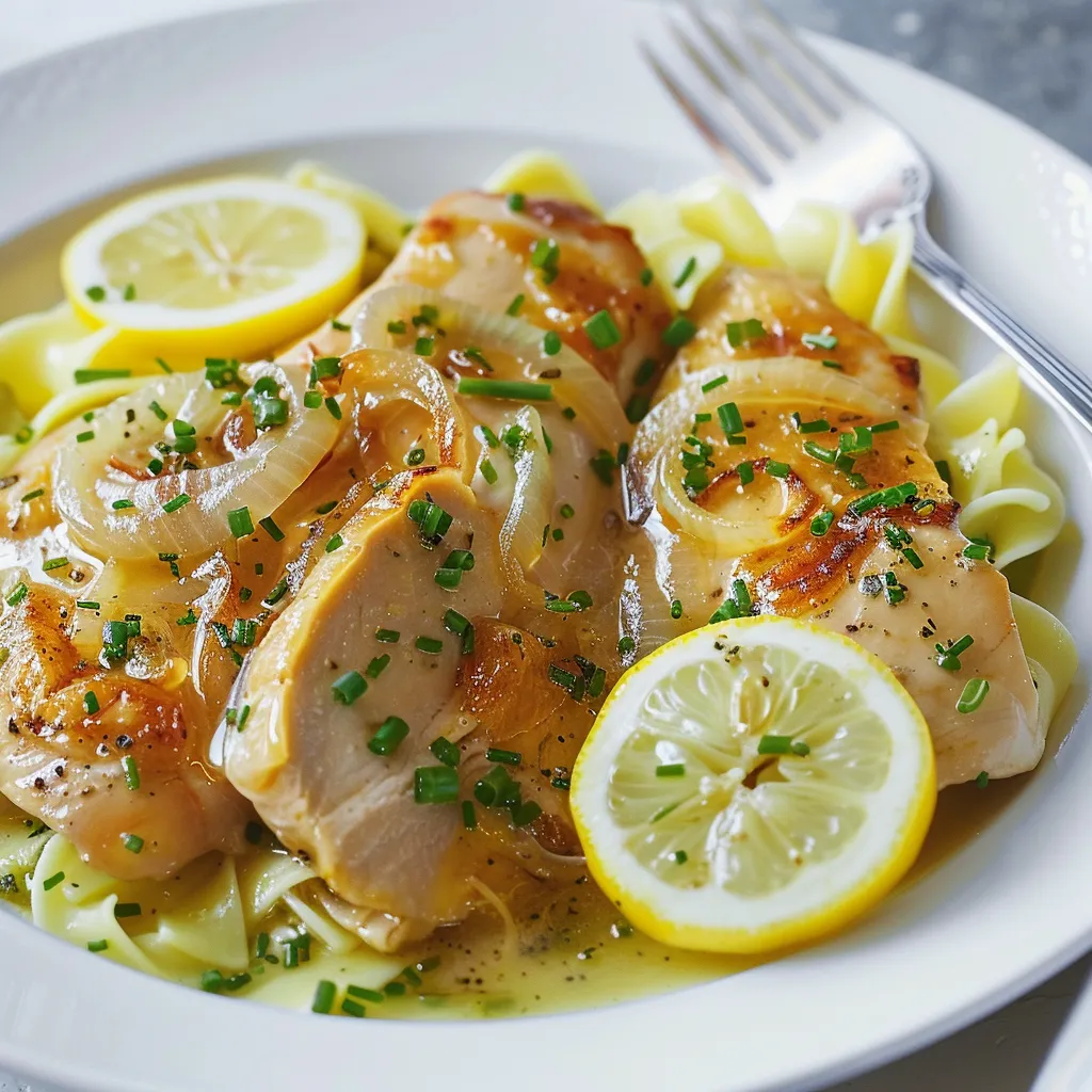 Poulet doré avec citron et oignons fondants