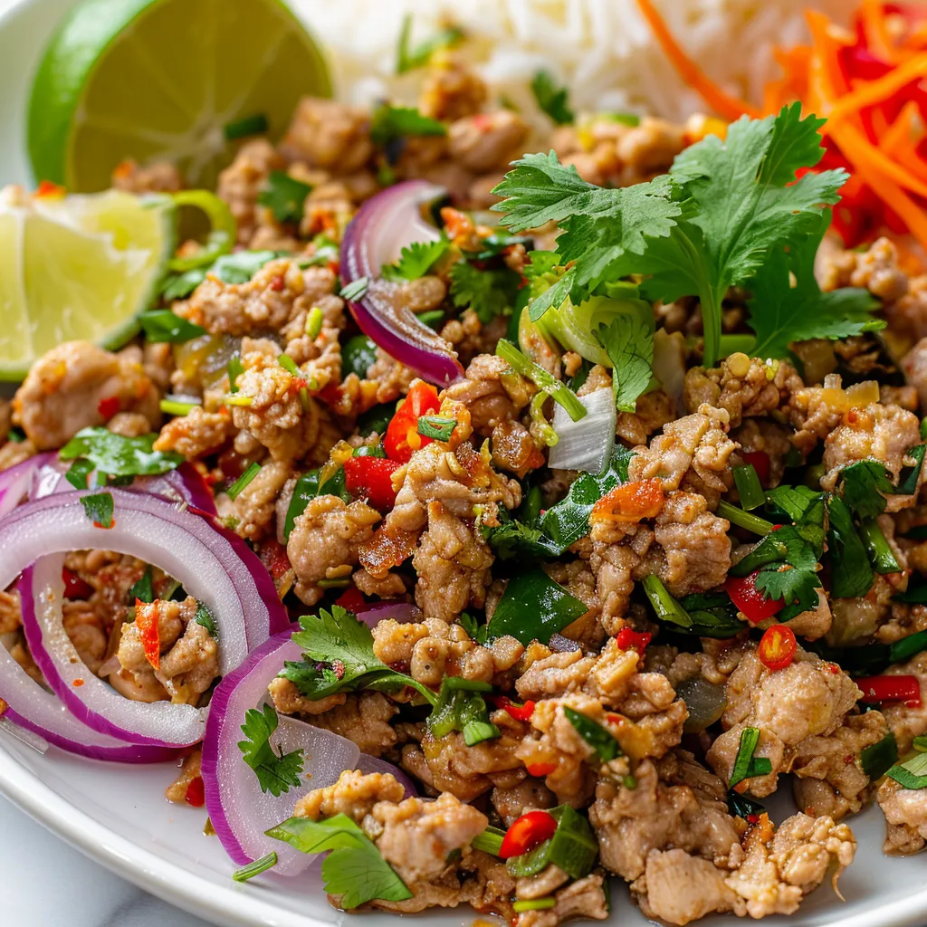 Mijoté de poulet haché à la citronnelle, larb thaï goûteux