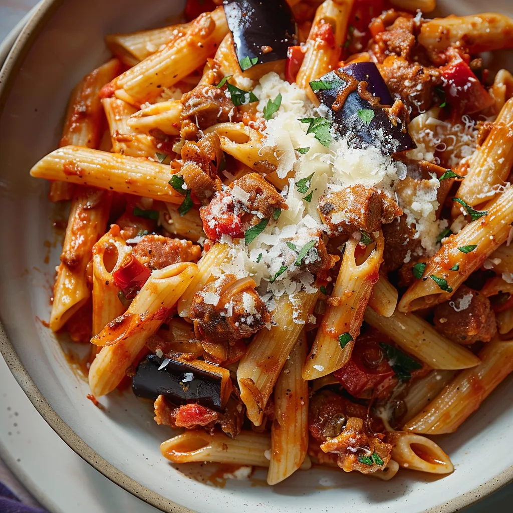 Pâtes saucisse aubergines