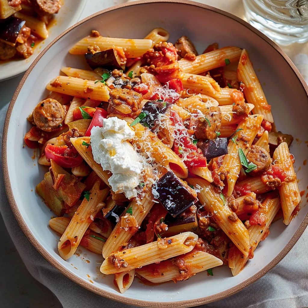 Pennes savoureuses saucisse aubergine